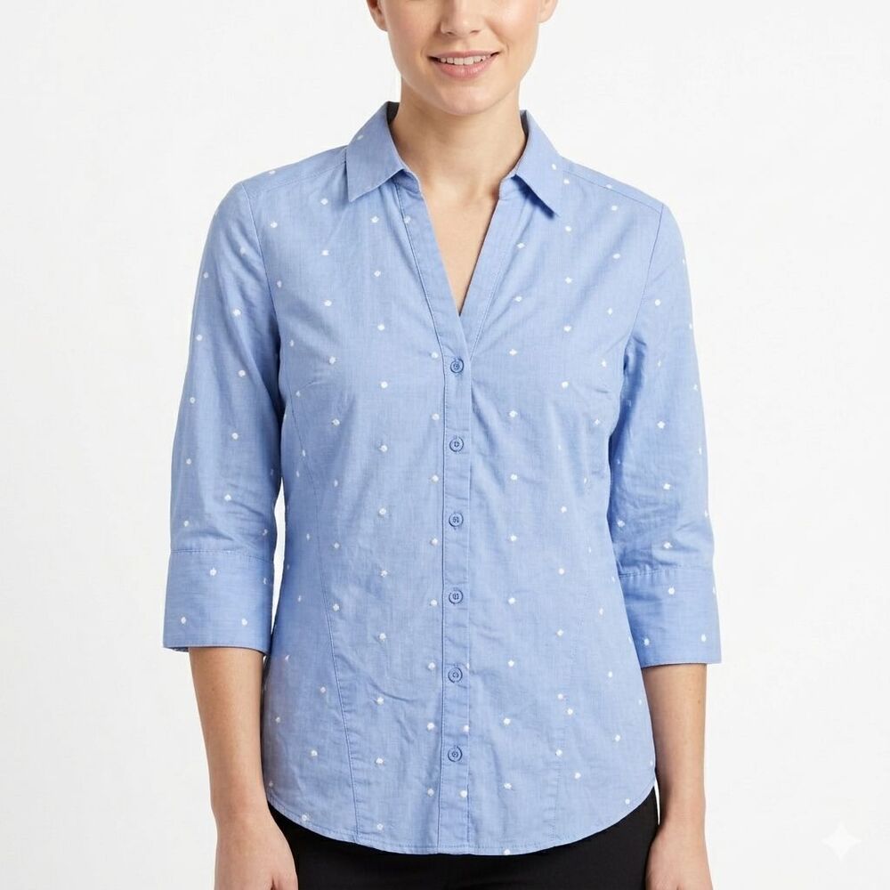 7th Ave Design Studio Top Womens Small Blue Button Up Linen-Like Embroidered Dot
